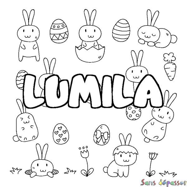 Coloriage prénom LUMILA - d&eacute;cor Paques