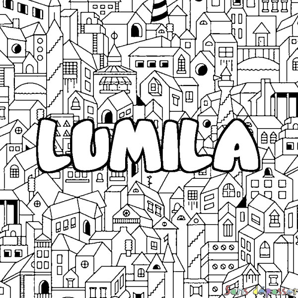 Coloriage prénom LUMILA - d&eacute;cor Ville