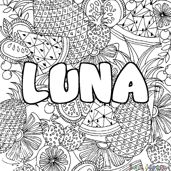 Coloriage prénom LUNA - d&eacute;cor Mandala fruits