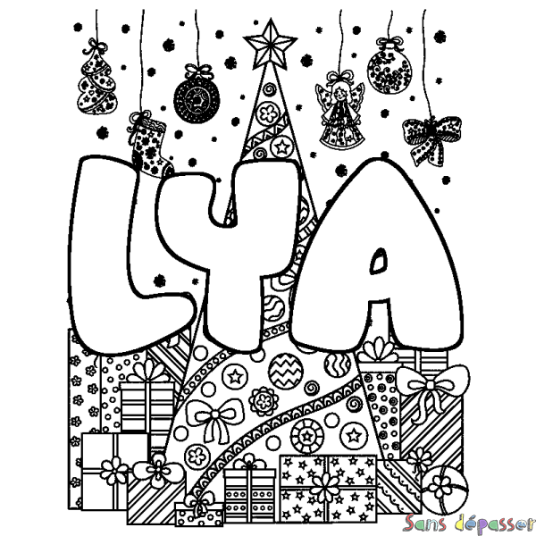 Coloriage prénom LYA - d&eacute;cor Sapin et Cadeaux