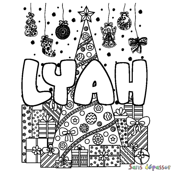 Coloriage prénom LYAH - d&eacute;cor Sapin et Cadeaux