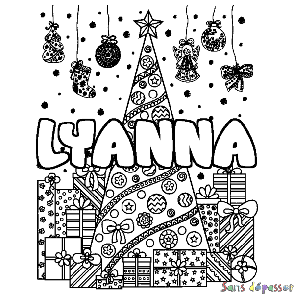 Coloriage prénom LYANNA - d&eacute;cor Sapin et Cadeaux