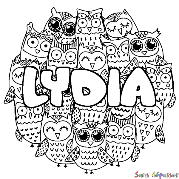 Coloriage prénom LYDIA - d&eacute;cor Chouettes