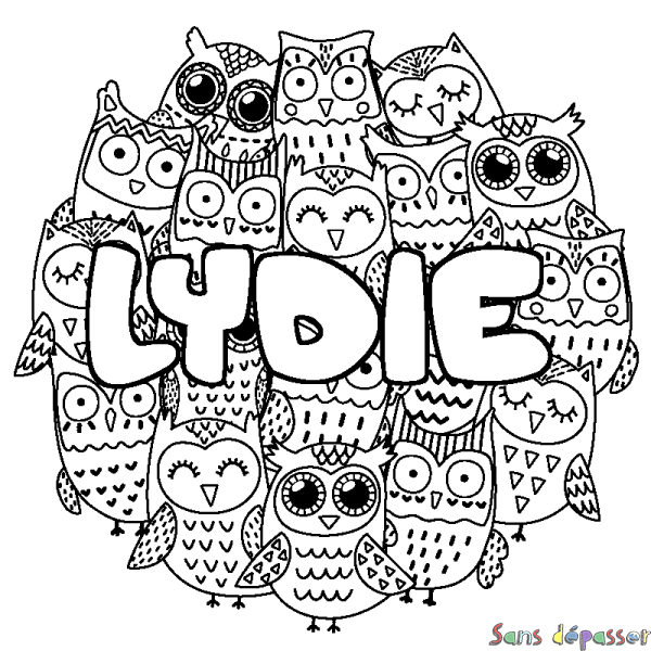 Coloriage prénom LYDIE - d&eacute;cor Chouettes