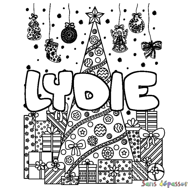 Coloriage prénom LYDIE - d&eacute;cor Sapin et Cadeaux