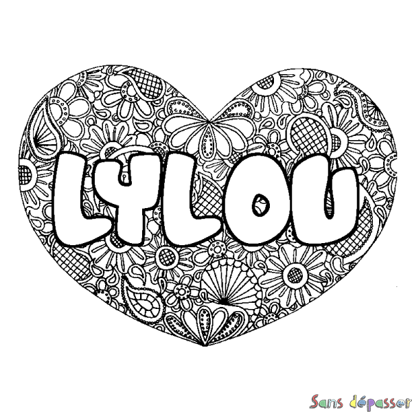 Coloriage prénom LYLOU - d&eacute;cor Mandala coeur