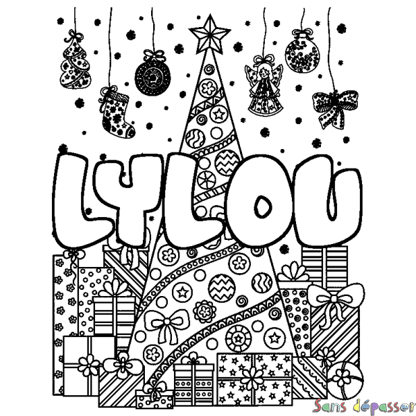 Coloriage prénom LYLOU - d&eacute;cor Sapin et Cadeaux