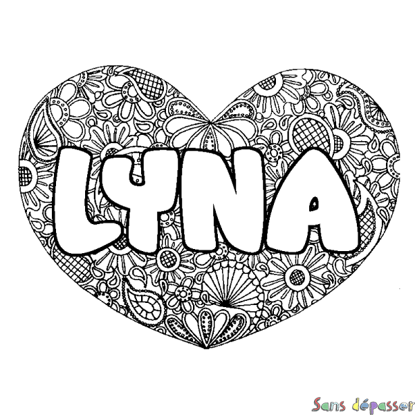 Coloriage prénom LYNA - d&eacute;cor Mandala coeur