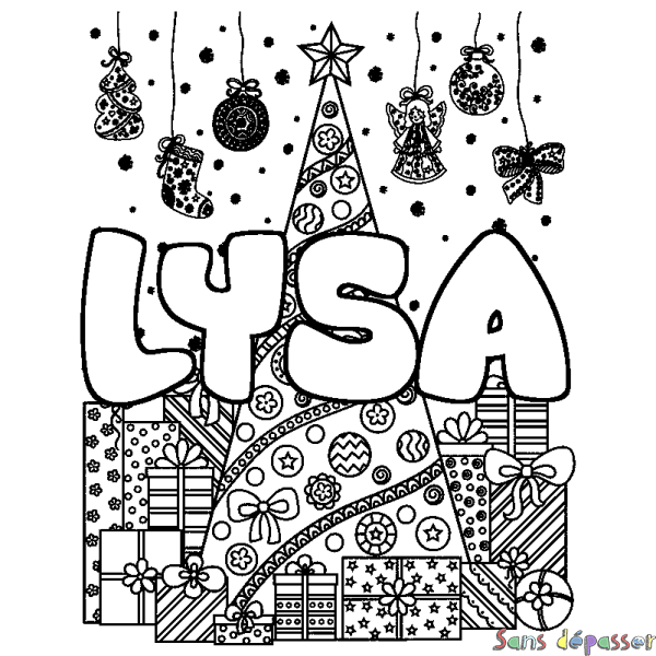 Coloriage prénom LYSA - d&eacute;cor Sapin et Cadeaux