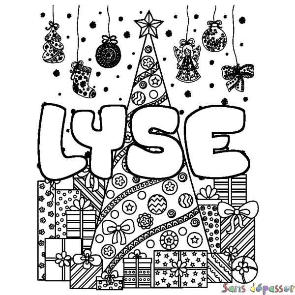 Coloriage prénom LYSE - d&eacute;cor Sapin et Cadeaux