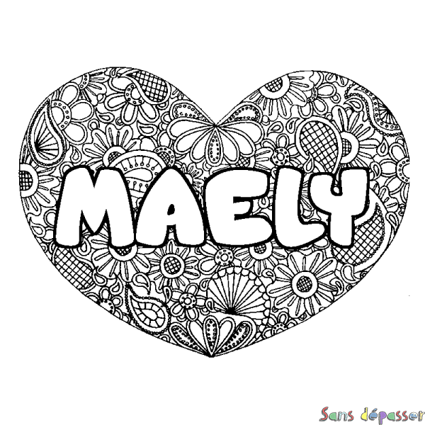 Coloriage prénom MAELY - d&eacute;cor Mandala coeur