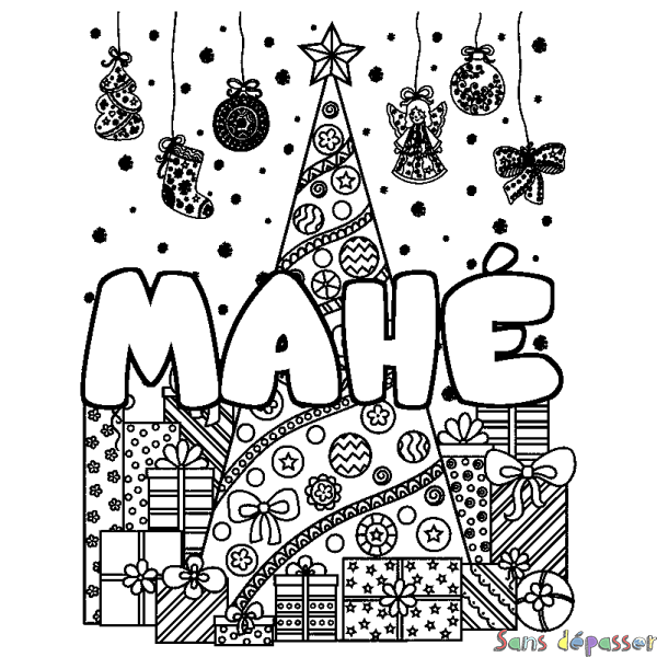 Coloriage prénom MAH&Eacute; - d&eacute;cor Sapin et Cadeaux