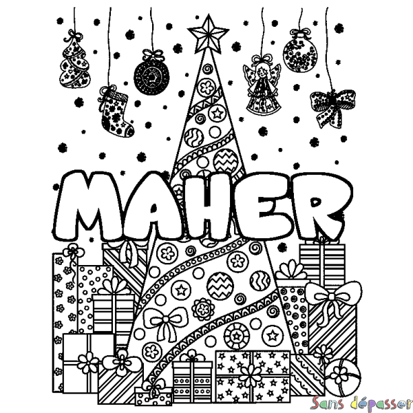 Coloriage prénom MAHER - d&eacute;cor Sapin et Cadeaux