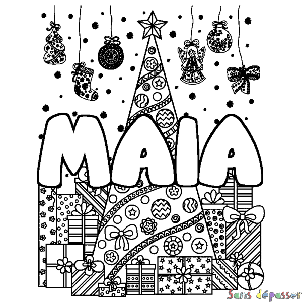 Coloriage prénom MAIA - d&eacute;cor Sapin et Cadeaux