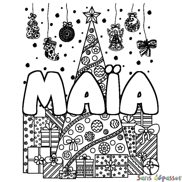 Coloriage prénom MA&Iuml;A - d&eacute;cor Sapin et Cadeaux