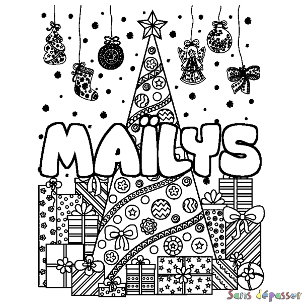 Coloriage prénom MA&Iuml;LYS - d&eacute;cor Sapin et Cadeaux