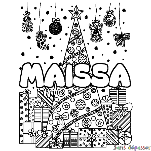 Coloriage prénom MAISSA - d&eacute;cor Sapin et Cadeaux