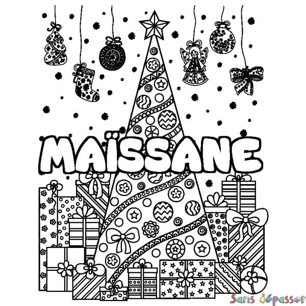 Coloriage prénom MA&Iuml;SSANE - d&eacute;cor Sapin et Cadeaux