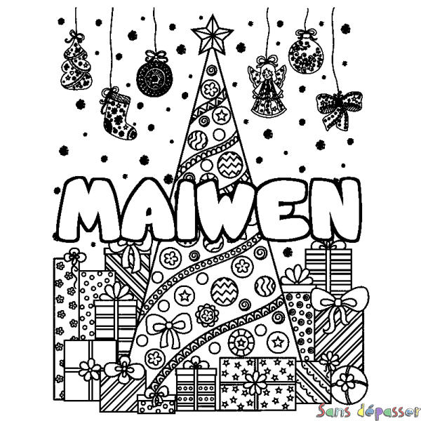 Coloriage prénom MAIWEN - d&eacute;cor Sapin et Cadeaux