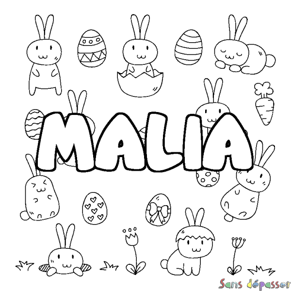 Coloriage prénom MALIA - d&eacute;cor Paques