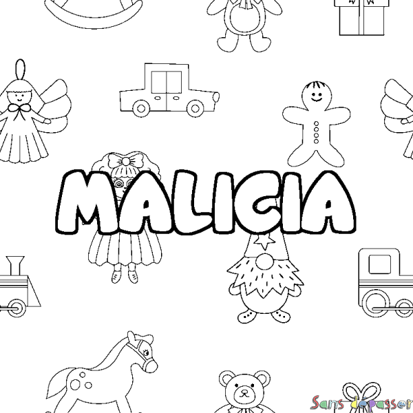 Coloriage prénom MALICIA - d&eacute;cor Jouets