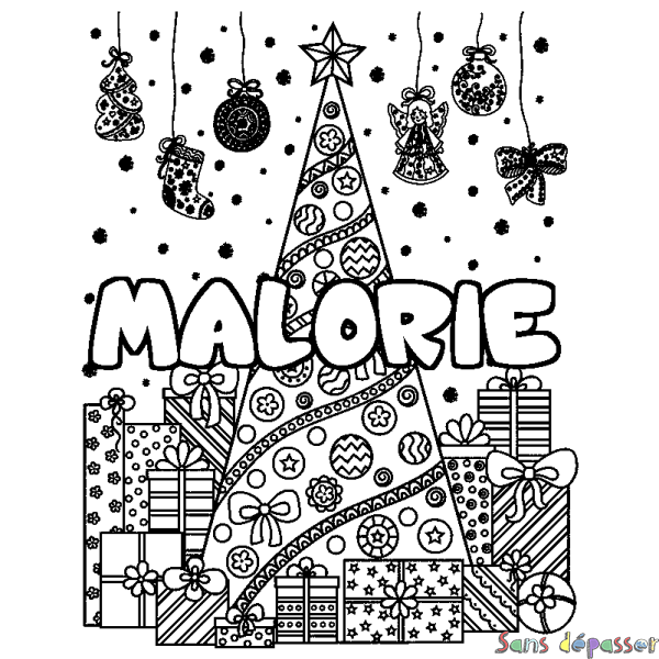 Coloriage prénom MALORIE - d&eacute;cor Sapin et Cadeaux