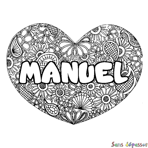 Coloriage prénom MANUEL - d&eacute;cor Mandala coeur