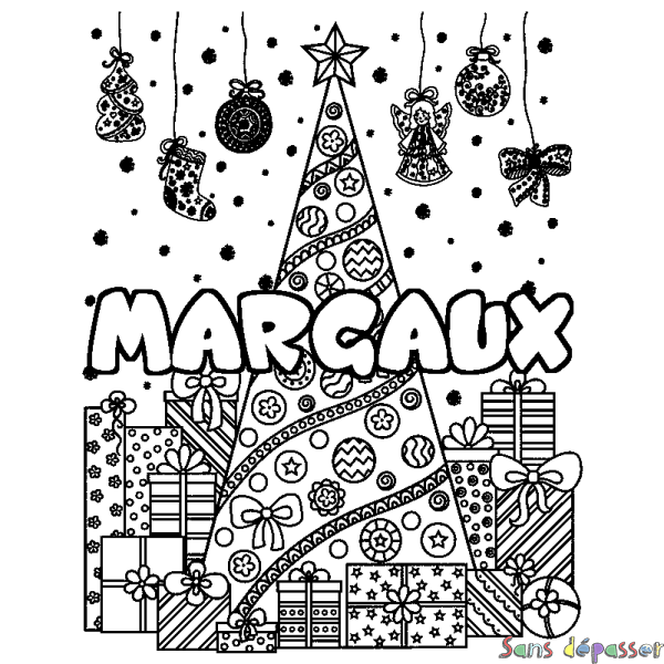 Coloriage prénom MARGAUX - d&eacute;cor Sapin et Cadeaux