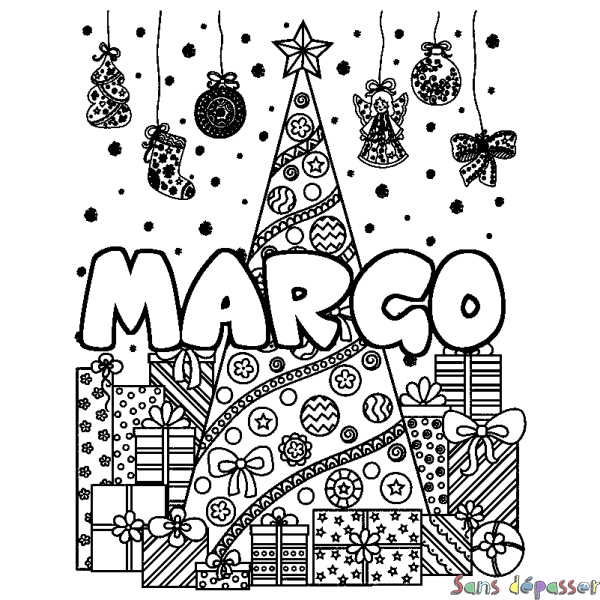 Coloriage prénom MARGO - d&eacute;cor Sapin et Cadeaux