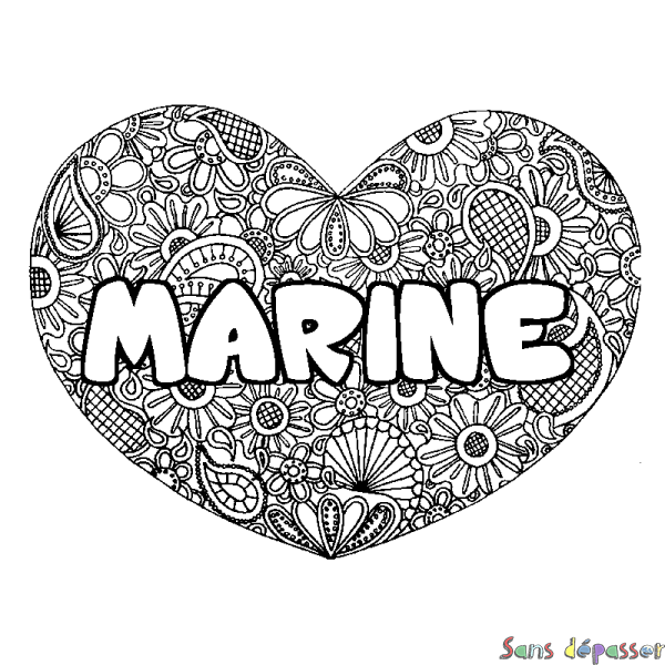 Coloriage prénom MARINE - d&eacute;cor Mandala coeur