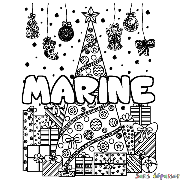 Coloriage prénom MARINE - d&eacute;cor Sapin et Cadeaux