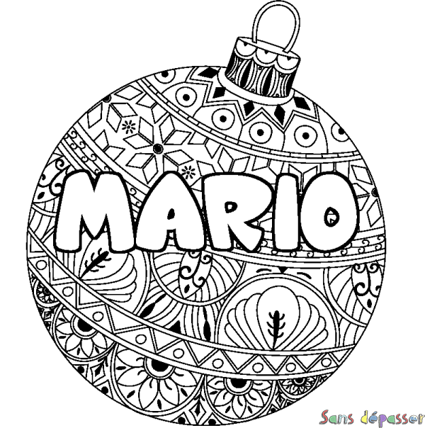 Coloriage prénom MARIO - décor Boule de Noël - Sans Dépasser