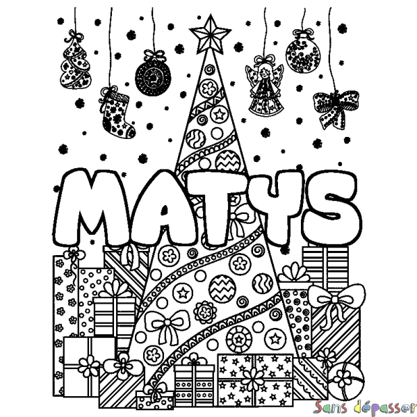 Coloriage prénom MATYS - d&eacute;cor Sapin et Cadeaux