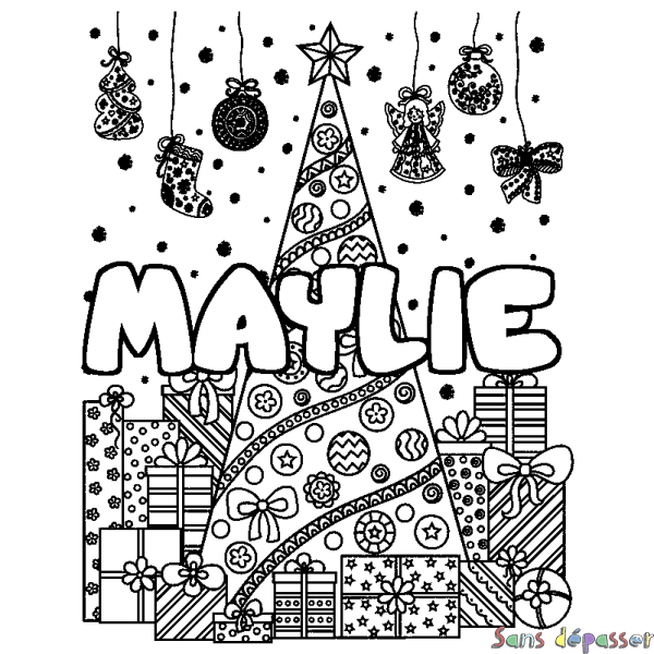 Coloriage prénom MAYLIE - d&eacute;cor Sapin et Cadeaux