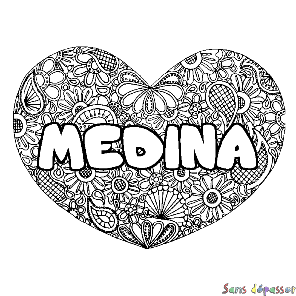 Coloriage prénom MEDINA - d&eacute;cor Mandala coeur