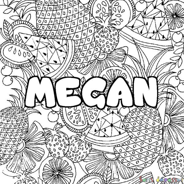 Coloriage prénom MEGAN - d&eacute;cor Mandala fruits