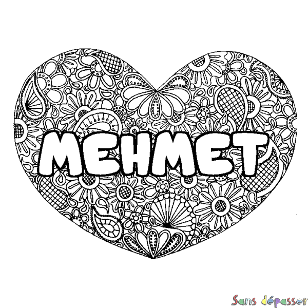 Coloriage prénom MEHMET - d&eacute;cor Mandala coeur