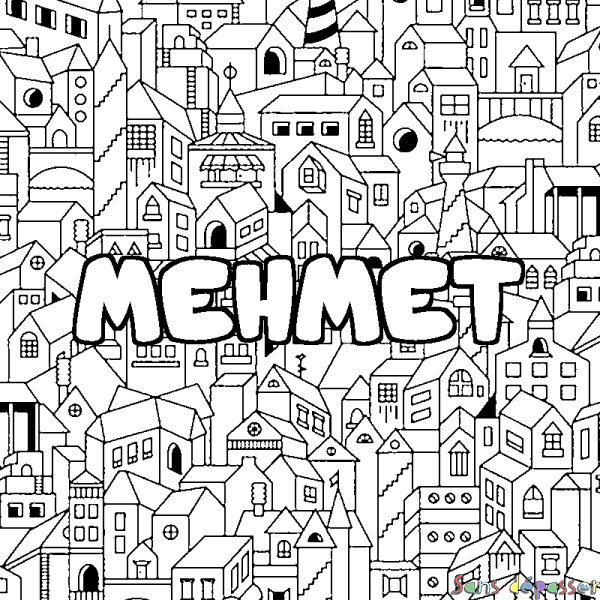 Coloriage prénom MEHMET - d&eacute;cor Ville