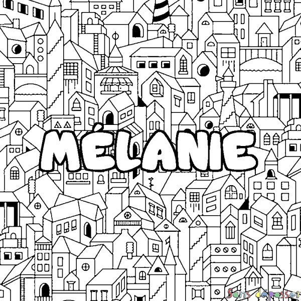 Coloriage prénom M&Eacute;LANIE - d&eacute;cor Ville