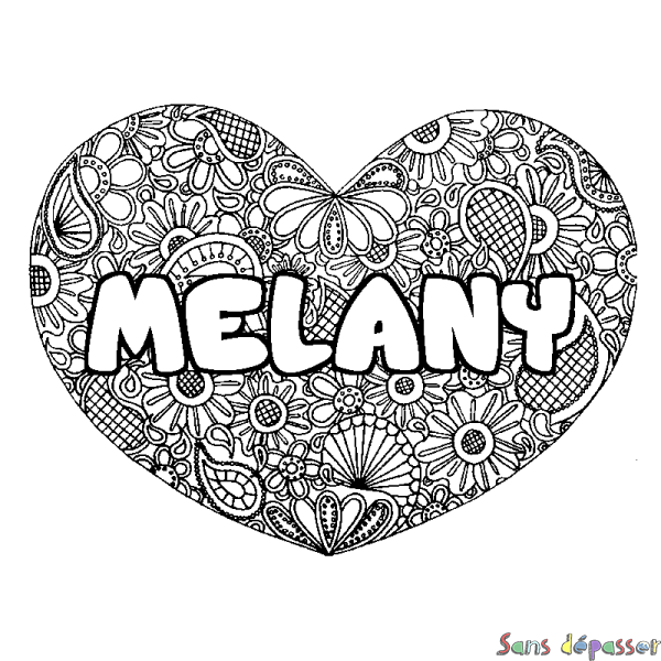 Coloriage prénom MELANY - d&eacute;cor Mandala coeur