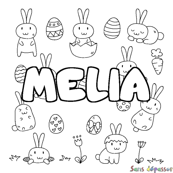 Coloriage prénom MELIA - d&eacute;cor Paques