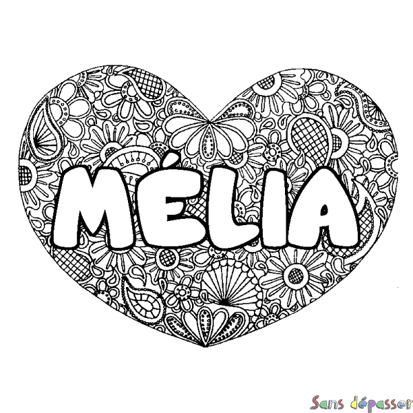 Coloriage prénom M&Eacute;LIA - d&eacute;cor Mandala coeur