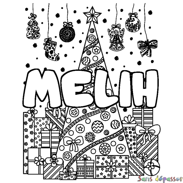 Coloriage prénom MELIH - d&eacute;cor Sapin et Cadeaux