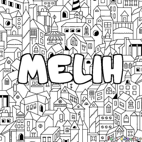 Coloriage prénom MELIH - d&eacute;cor Ville