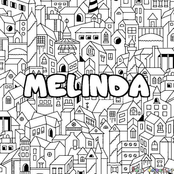 Coloriage prénom MELINDA - d&eacute;cor Ville