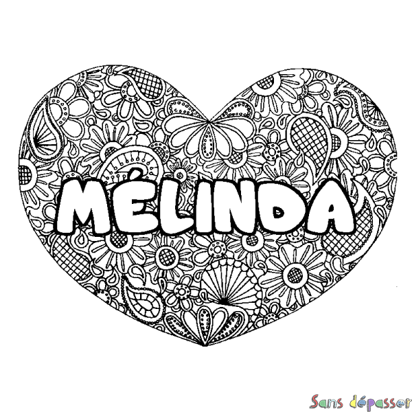 Coloriage prénom M&Eacute;LINDA - d&eacute;cor Mandala coeur