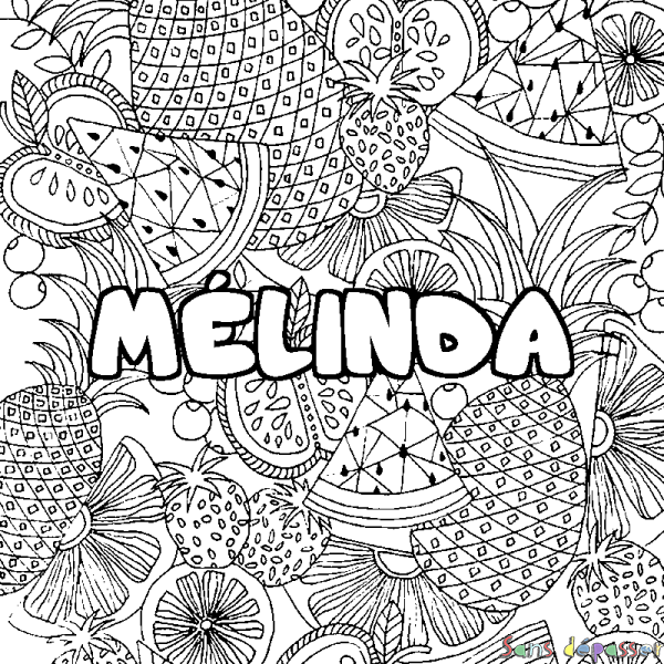 Coloriage prénom M&Eacute;LINDA - d&eacute;cor Mandala fruits