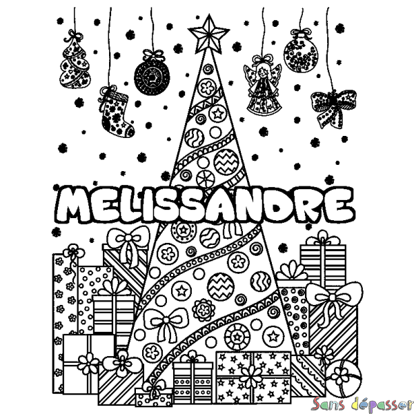 Coloriage prénom MELISSANDRE - d&eacute;cor Sapin et Cadeaux