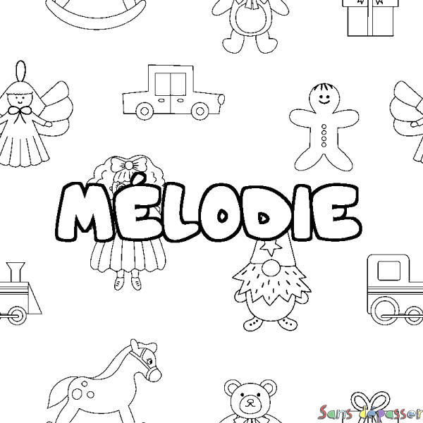 Coloriage prénom M&Eacute;LODIE - d&eacute;cor Jouets