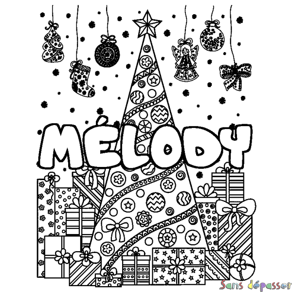 Coloriage prénom M&Eacute;LODY - d&eacute;cor Sapin et Cadeaux